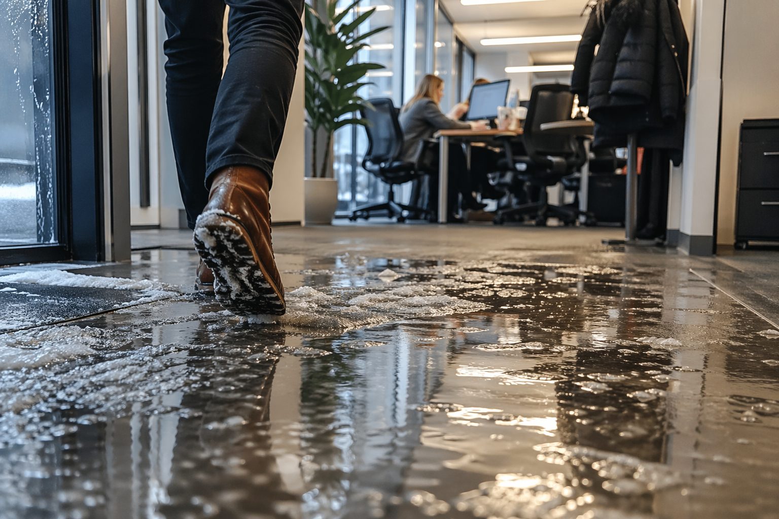 Sol de bureau mouillé en hiver avec traces de pas, neige fondue et entrée d’entreprise salie par les allées et venues