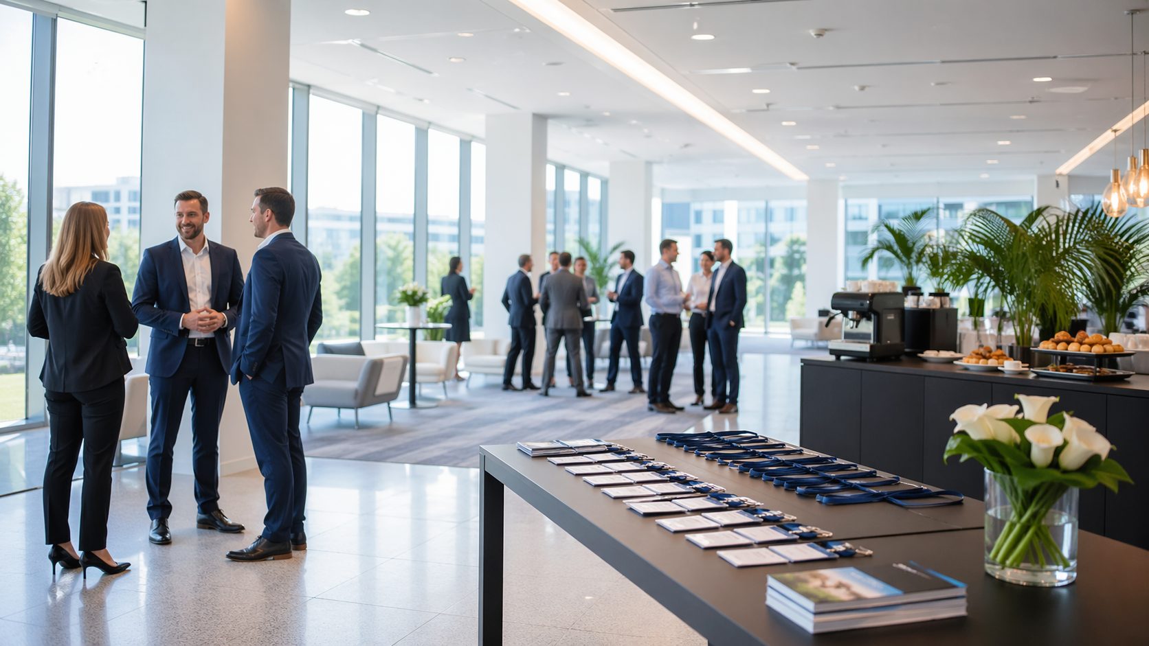 Bureaux modernes et impeccablement propres préparés pour un événement d’entreprise avec accueil, badges, buffet et professionnels en networking