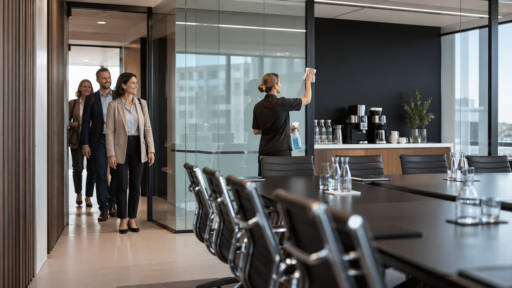 Nettoyage de bureaux avant un séminaire avec des visiteurs professionnels entrant dans une salle de réunion propre et moderne