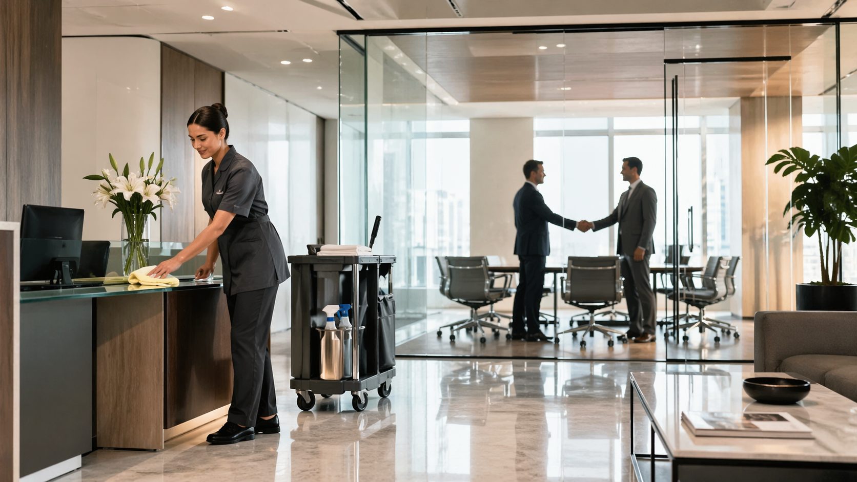 Agent de nettoyage professionnel entretenant un bureau moderne pendant une réunion d’affaires dans une salle vitrée