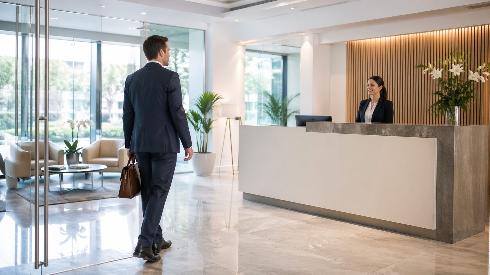 Prospect entrant dans des bureaux propres et modernes, accueilli dans un espace professionnel rassurant