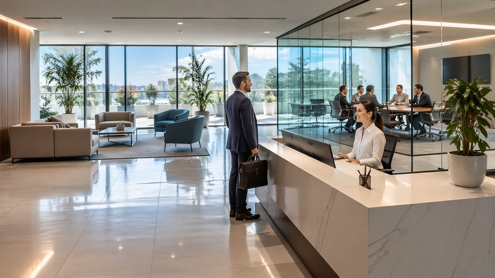 Accueil professionnel dans des bureaux modernes impeccablement entretenus, illustrant l’importance de la propreté pour valoriser les services d’une entreprise