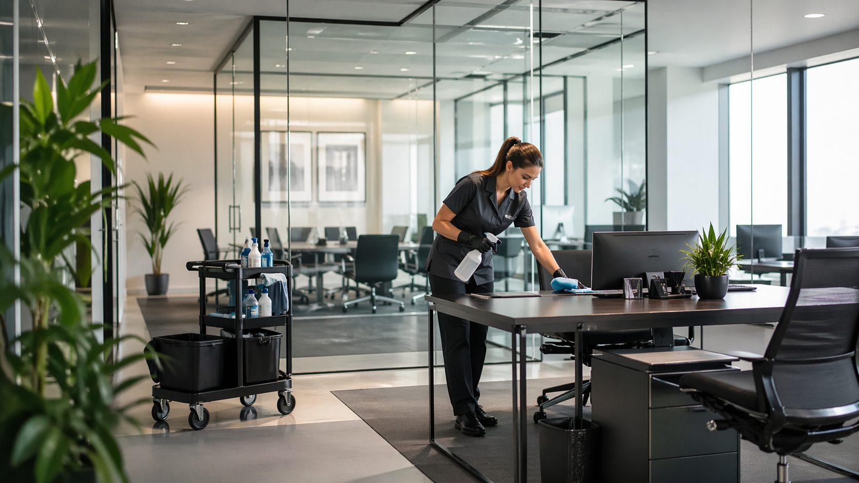 Agent d’entretien nettoyant un bureau moderne dans une agence ou un cabinet professionnel