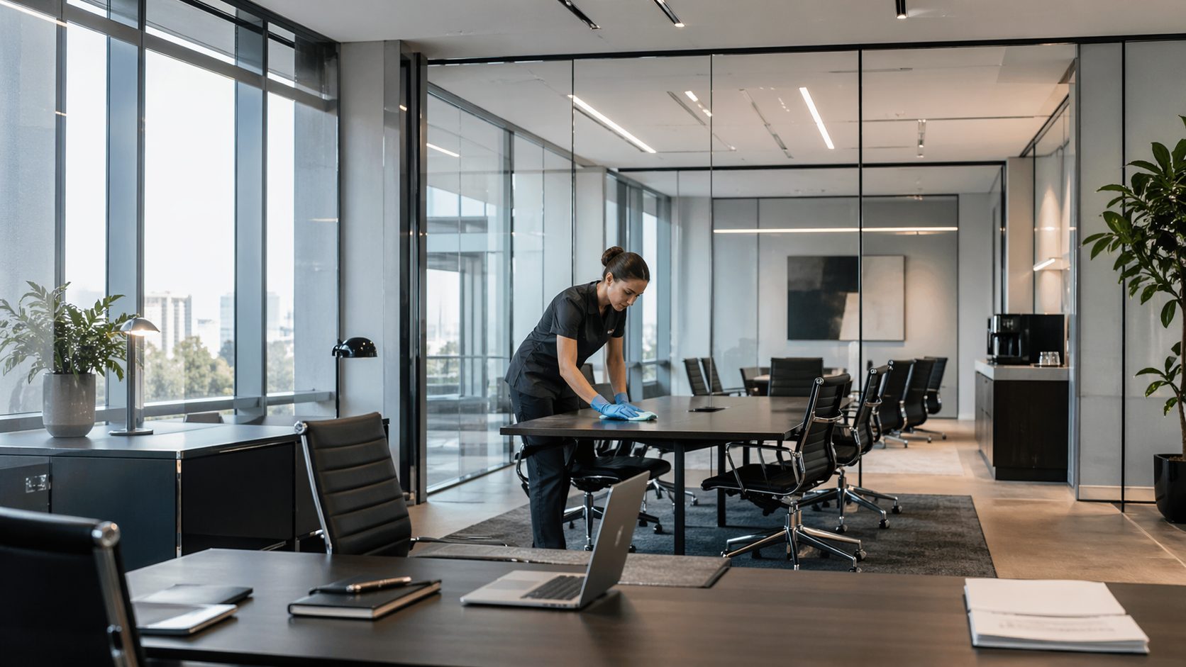 Agent d’entretien nettoyant une salle de réunion moderne dans des bureaux de conseil ou de service