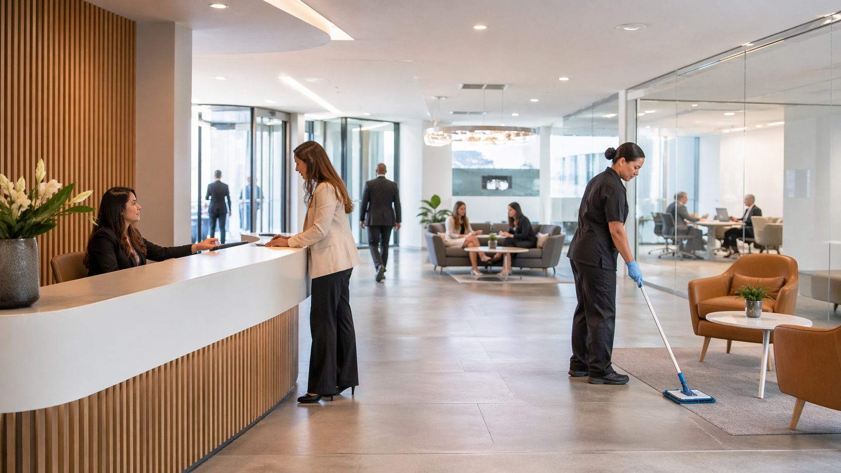Agent d’entretien nettoyant discrètement un hall de bureaux moderne pendant l’accueil continu du public