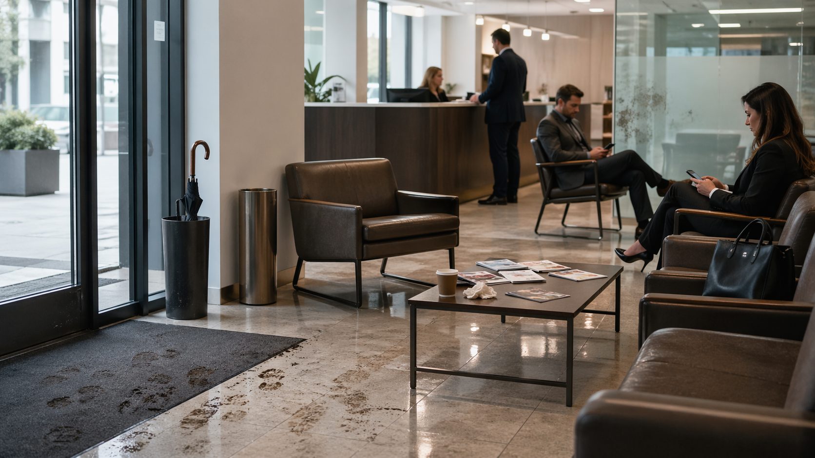 Zone d’attente de bureaux avec traces de pas, table encombrée et signes de salissures liées au passage des visiteurs