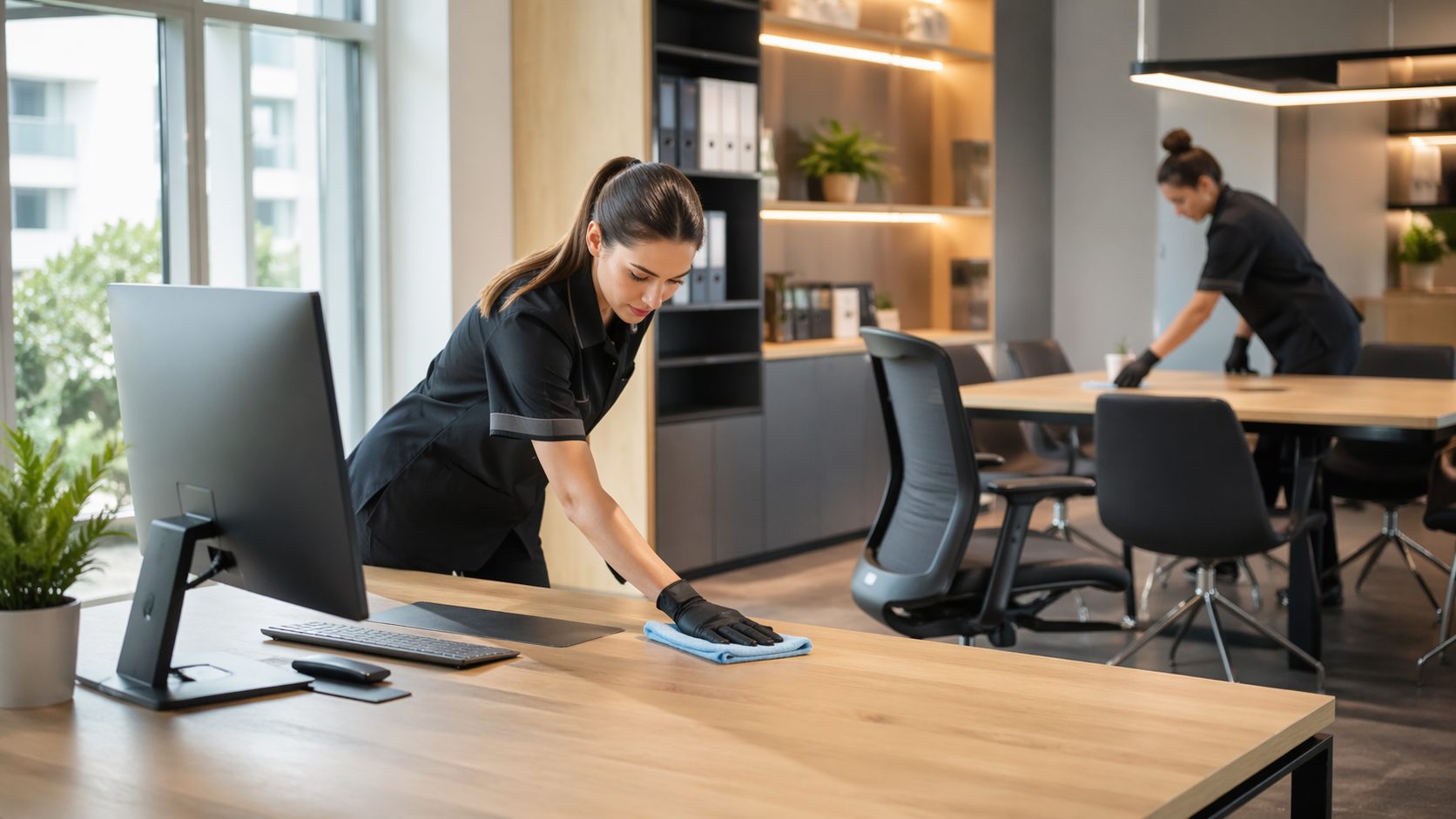 Agent d’entretien nettoyant un bureau moderne pour valoriser le mobilier professionnel