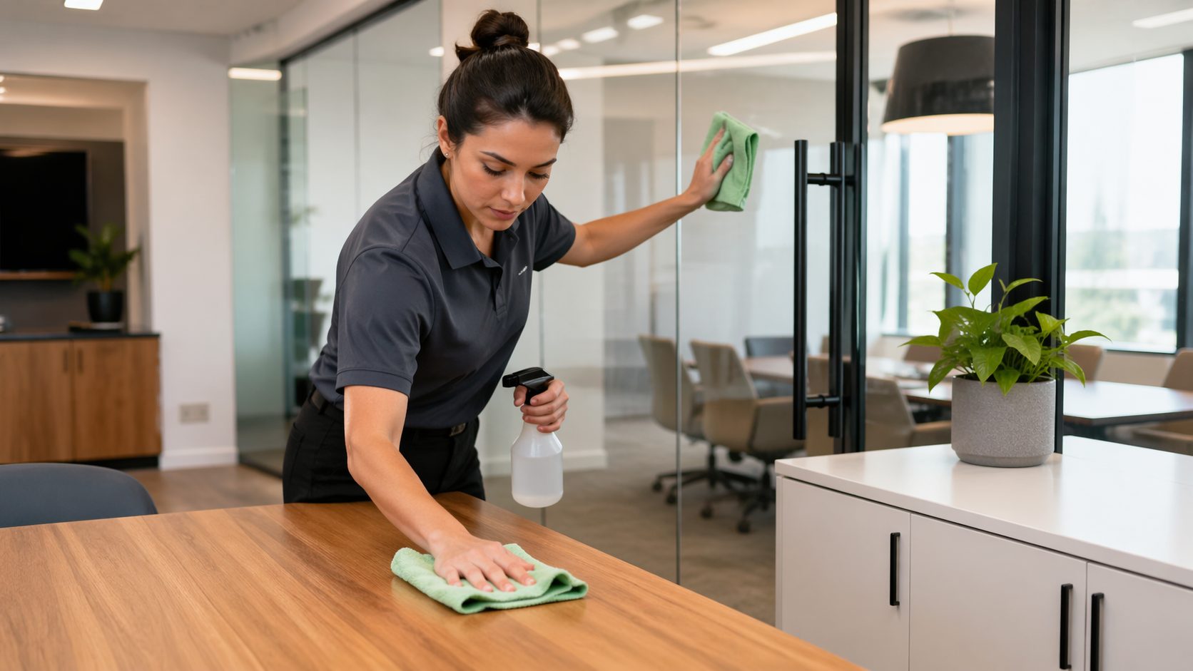 Agent d’entretien nettoyant un bureau en bois, une cloison vitrée et un meuble mélaminé dans un espace professionnel moderne