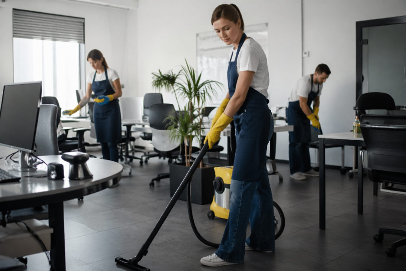 Agent de nettoyage de bureaux et équipe tournante intervenant dans un espace professionnel moderne