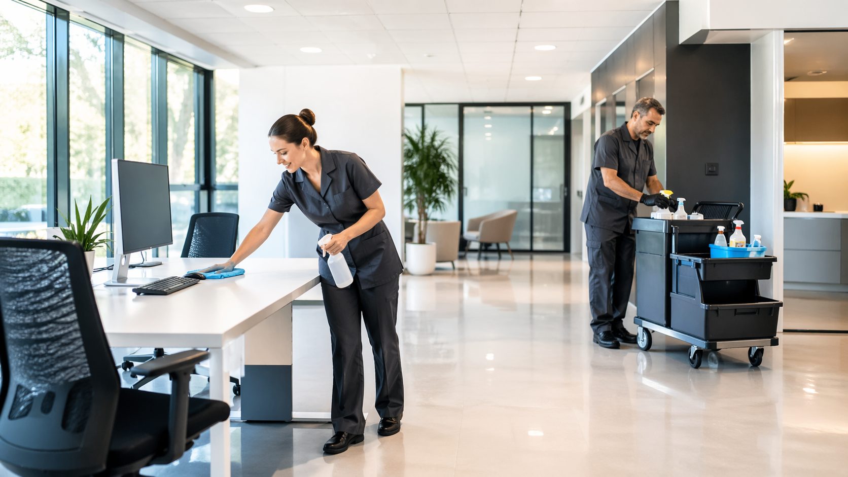 Agent dédié réalisant l’entretien d’un bureau moderne avec matériel de nettoyage professionnel