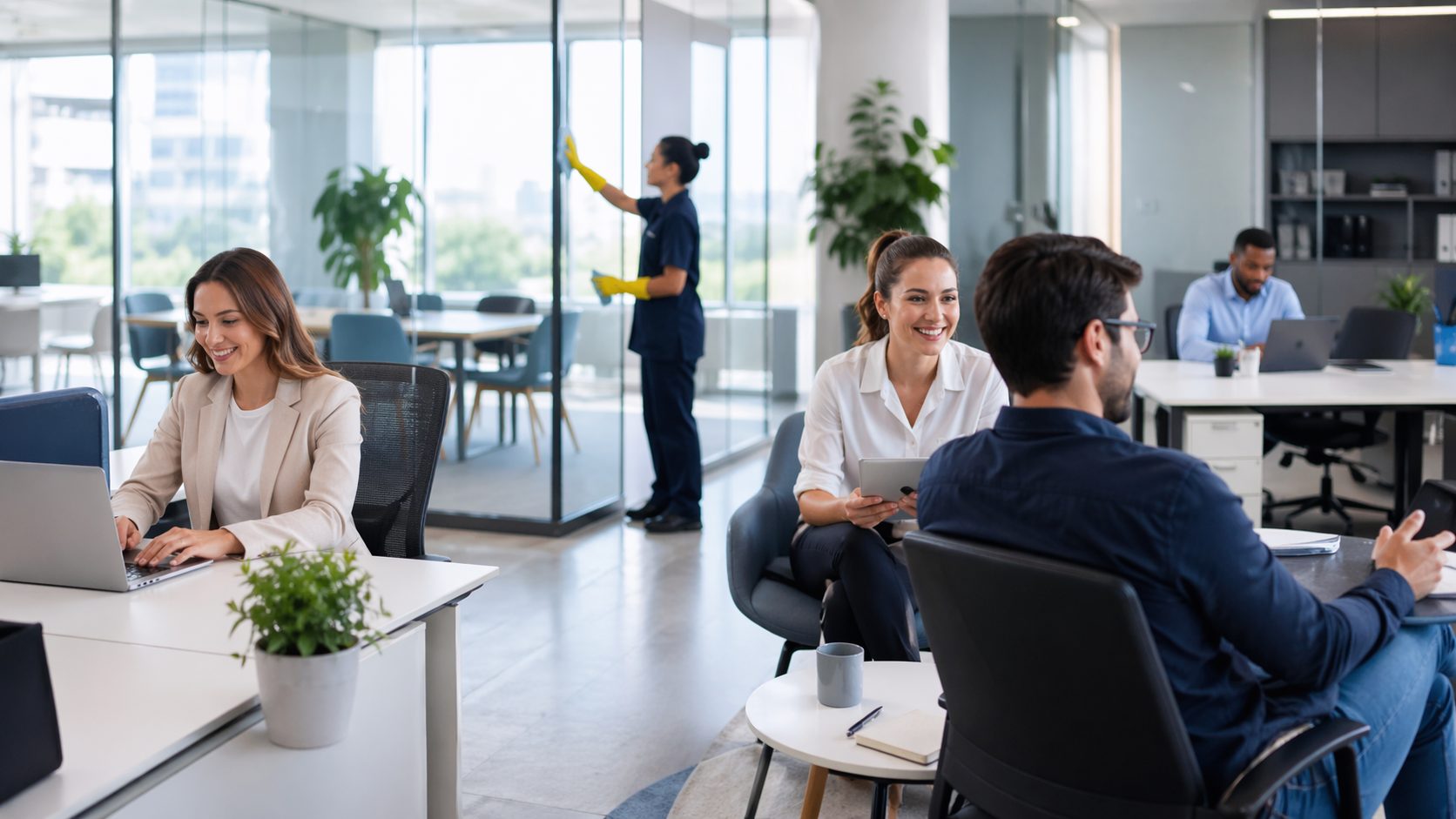 Deux agents de nettoyage professionnels entretiennent des bureaux modernes et propres, illustrant l’importance de la stabilité des équipes pour une propreté régulière.