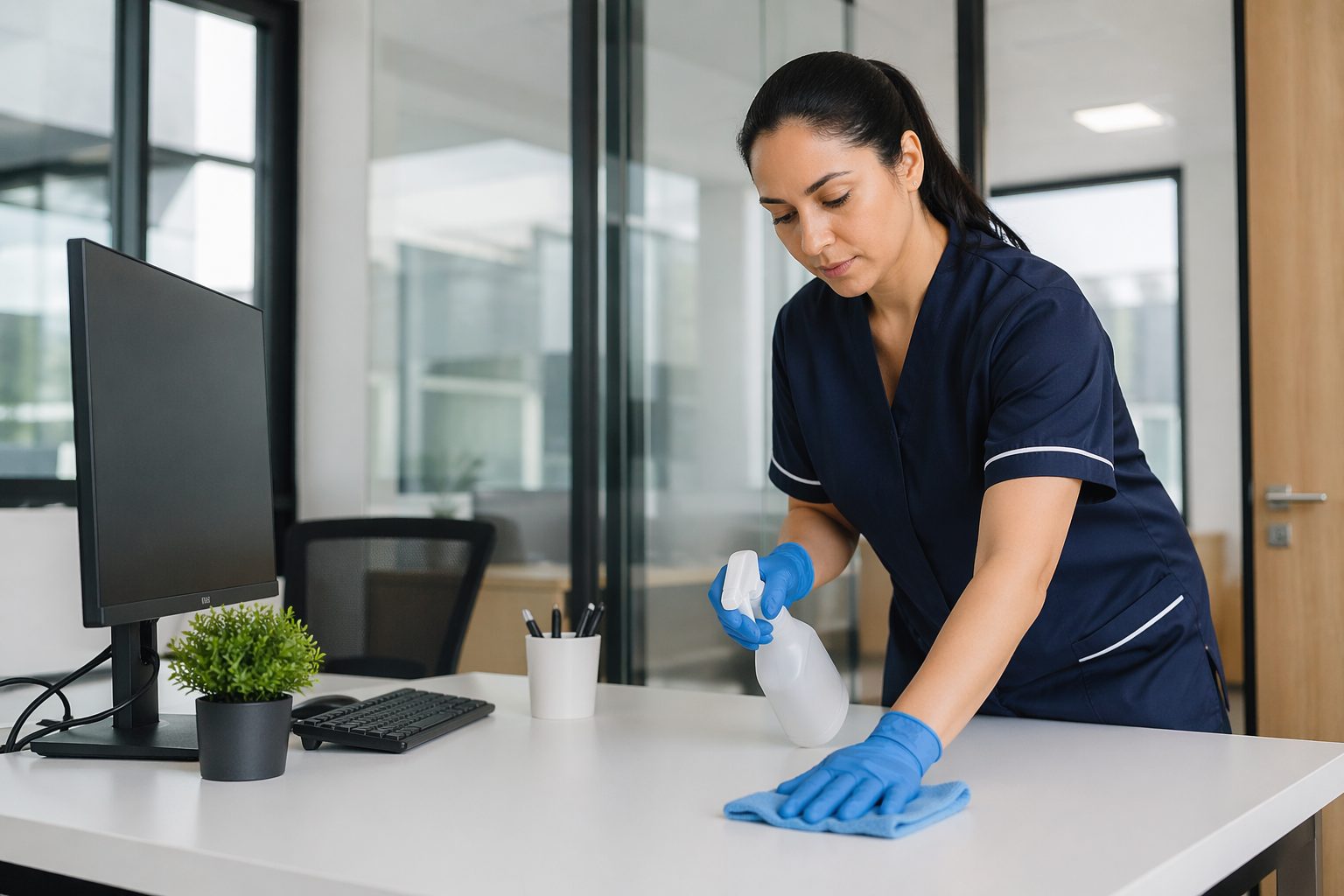 Agent de nettoyage entretenant un bureau moderne et propre pour améliorer le bien-être des collaborateurs et renforcer la marque employeur
