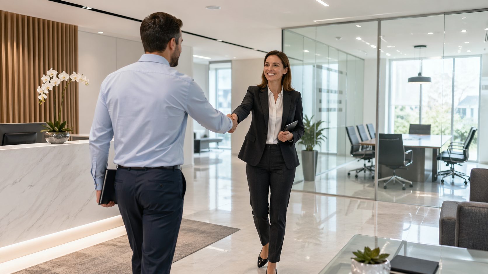 Candidate accueillie dans des bureaux propres et modernes lors d’un entretien d’embauche