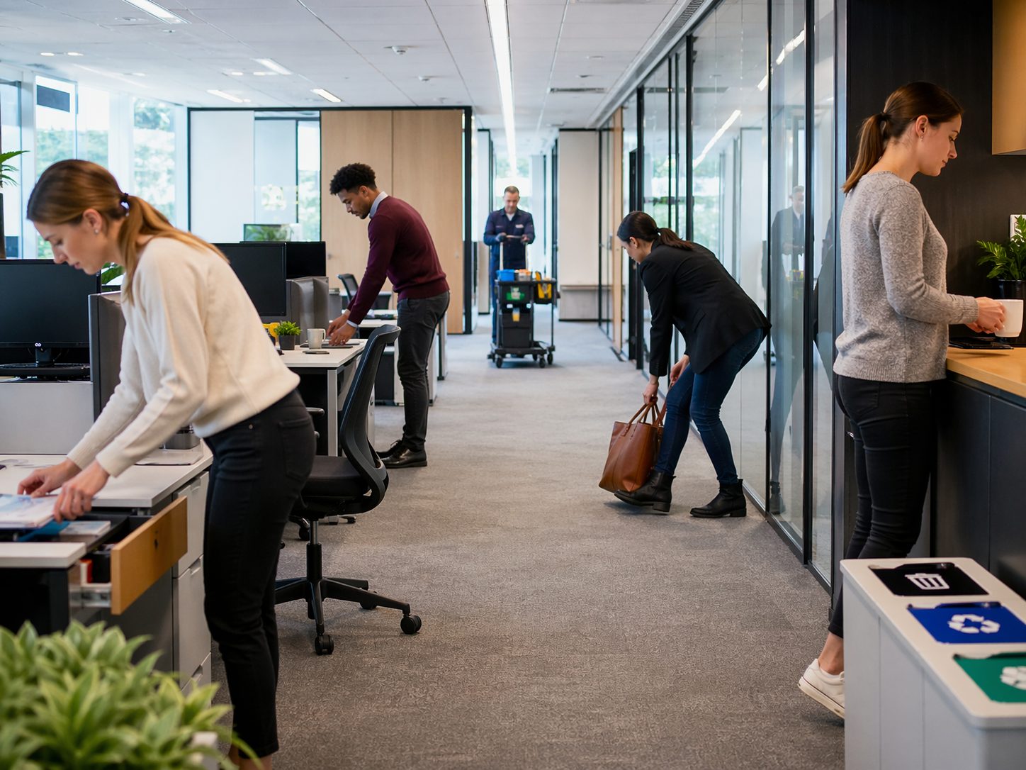 Employés travaillant dans des bureaux propres et lumineux pendant qu’un agent d’entretien nettoie les vitres, illustrant le lien entre propreté des locaux et bien-être au travail.