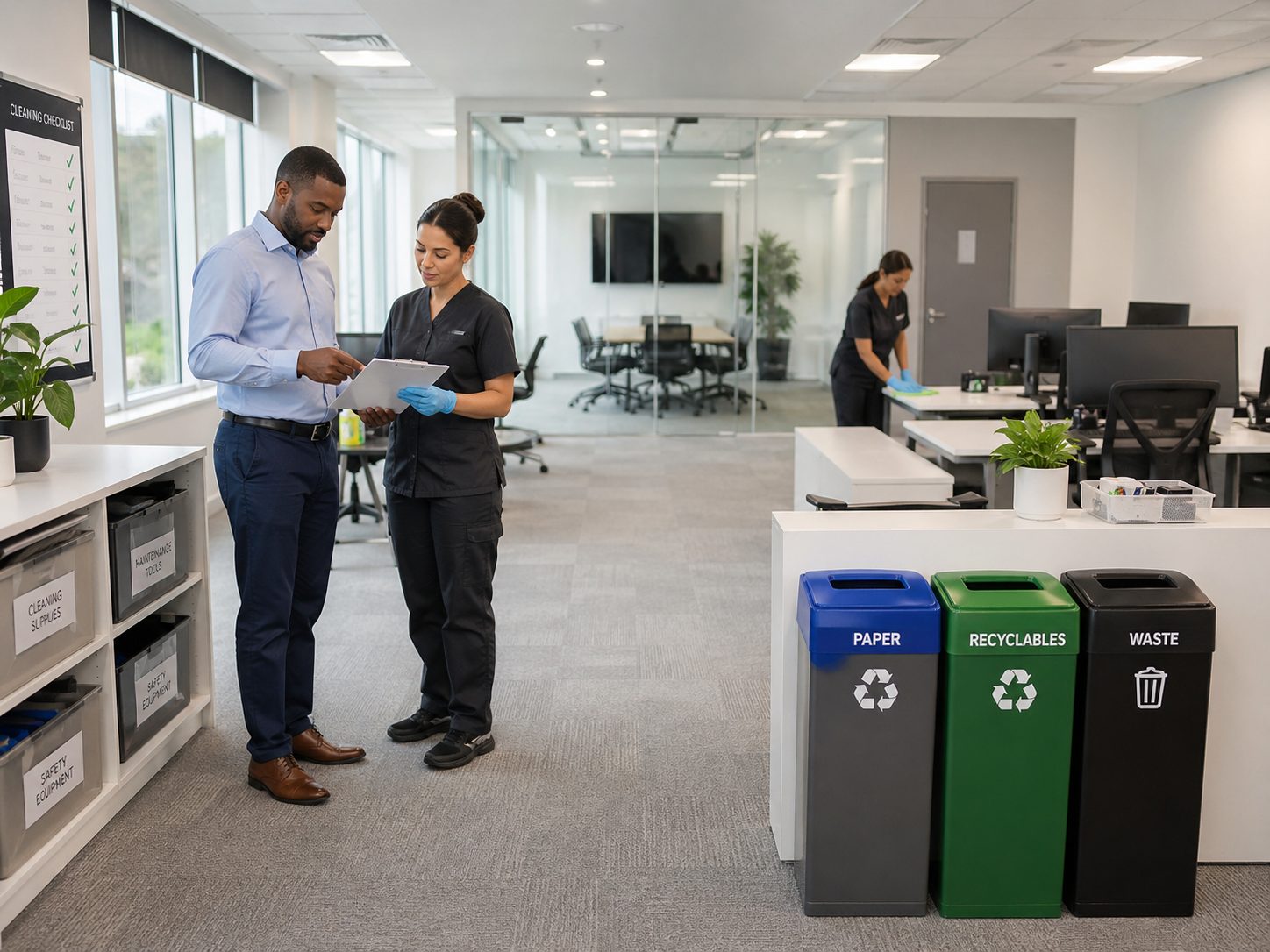 Organisation interne facilitant l’entretien de bureaux dans un espace de travail moderne avec checklist, agents de nettoyage et tri des déchets.