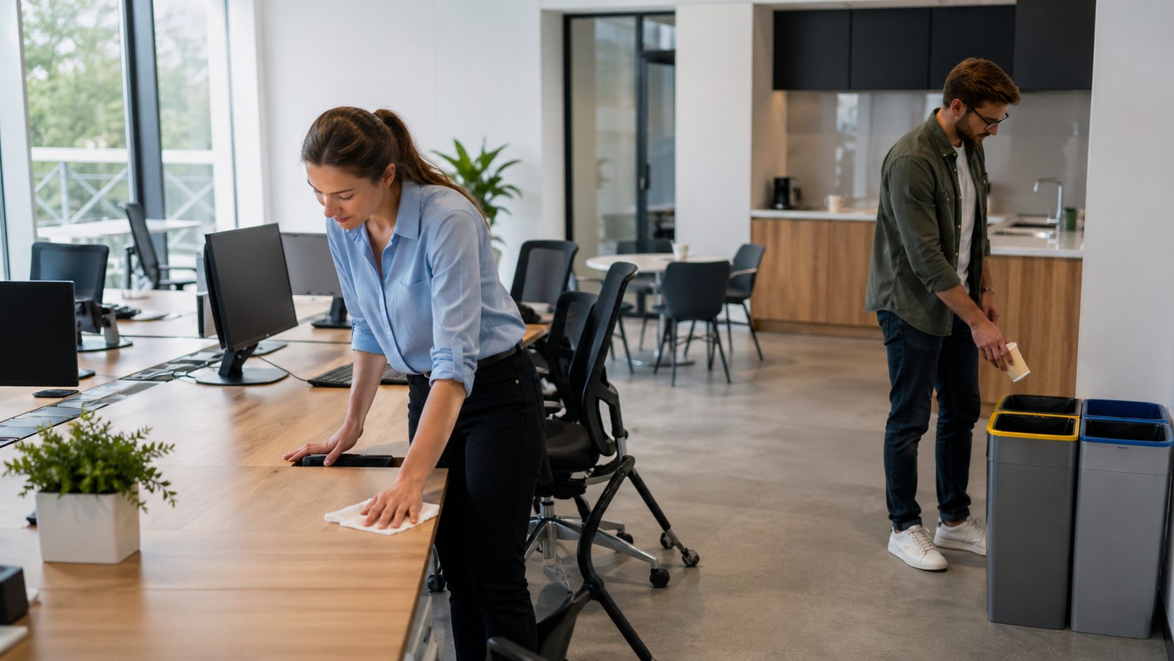 Employés adoptant de bonnes habitudes quotidiennes pour maintenir la propreté des bureaux dans un espace de travail moderne