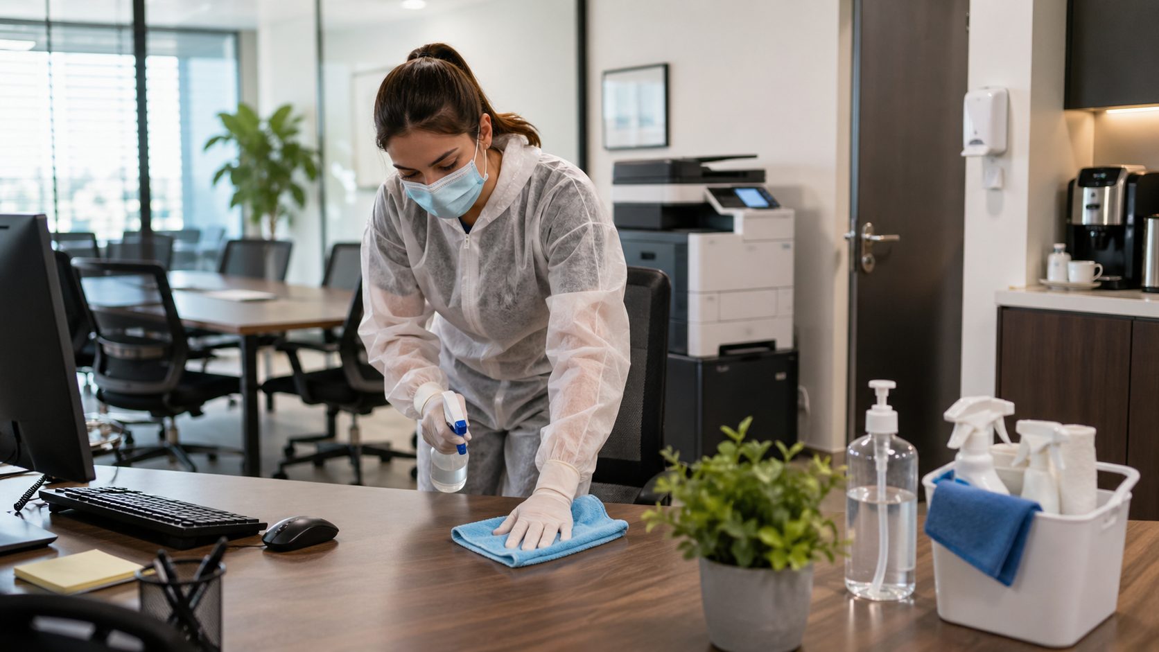 Agent de nettoyage désinfectant un bureau professionnel après un épisode viral