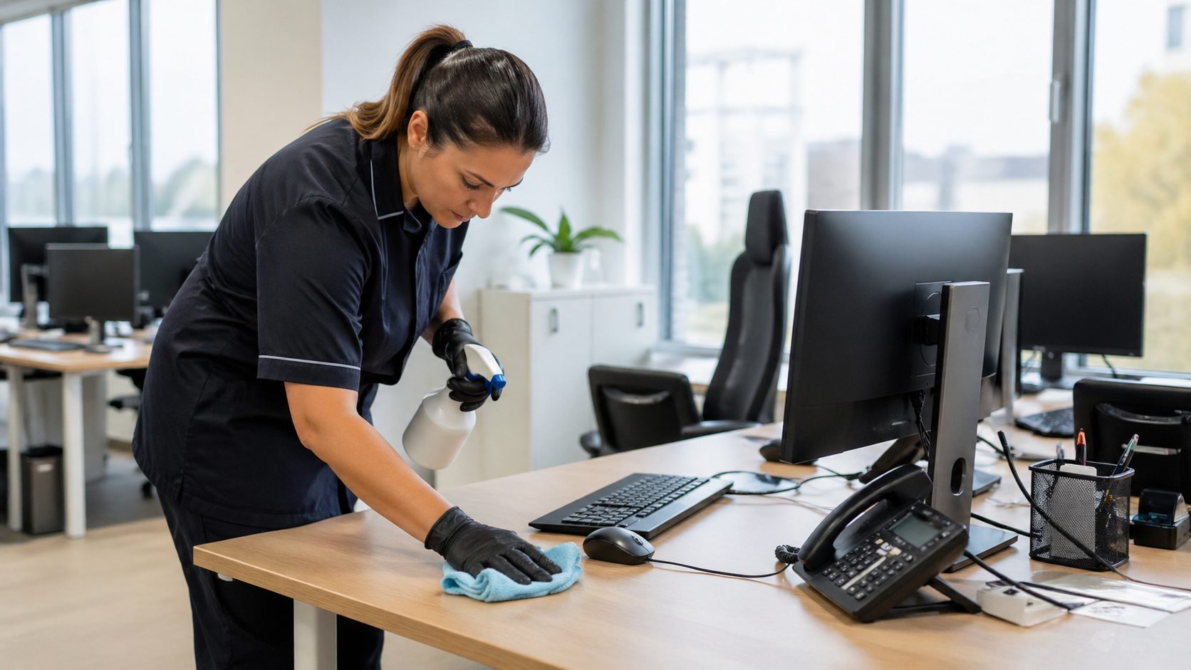 Agent d’entretien nettoyant un poste de travail dans des bureaux après plusieurs absences pour maladie