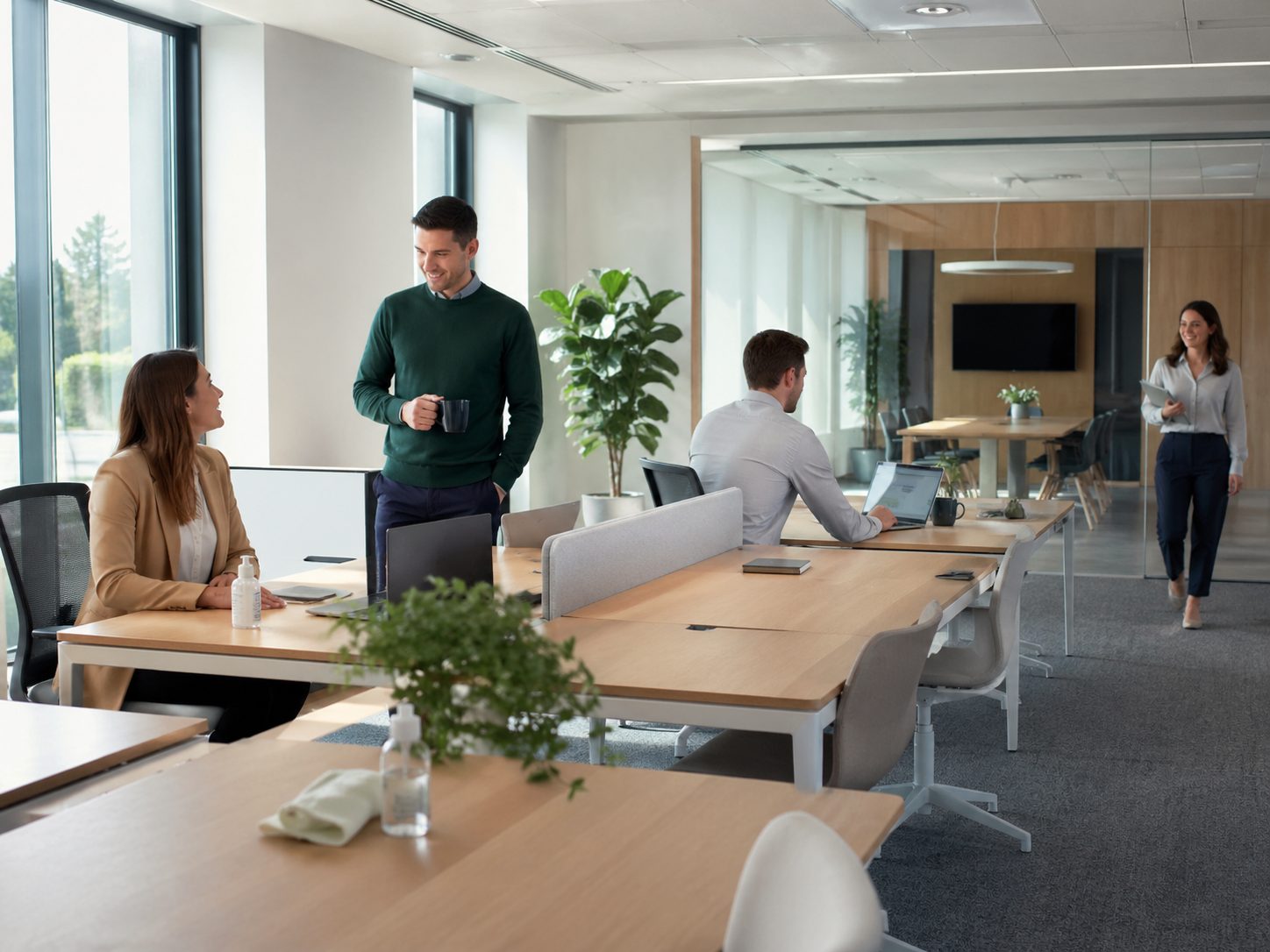 Bureaux modernes propres et lumineux rassurant les collaborateurs après une période sensible