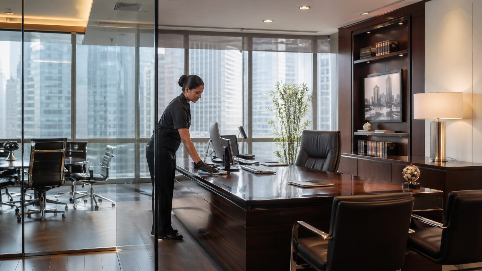 Agent d’entretien nettoyant avec soin un bureau de direction moderne et haut de gamme