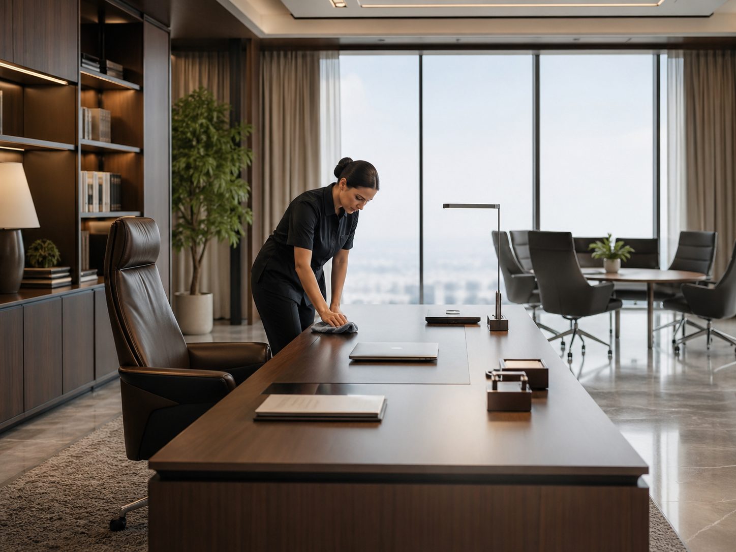 Agent d’entretien nettoyant discrètement un bureau de direction moderne et élégant avec une microfibre