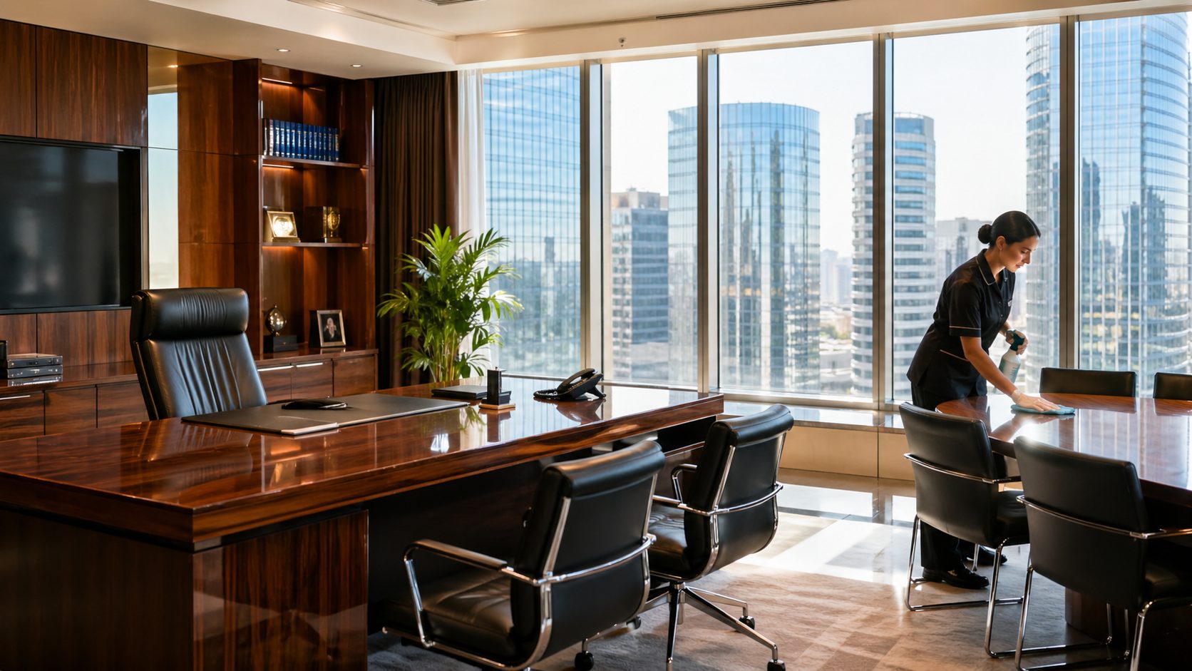 Agent d’entretien nettoyant une table de réunion dans un bureau de direction moderne et haut de gamme