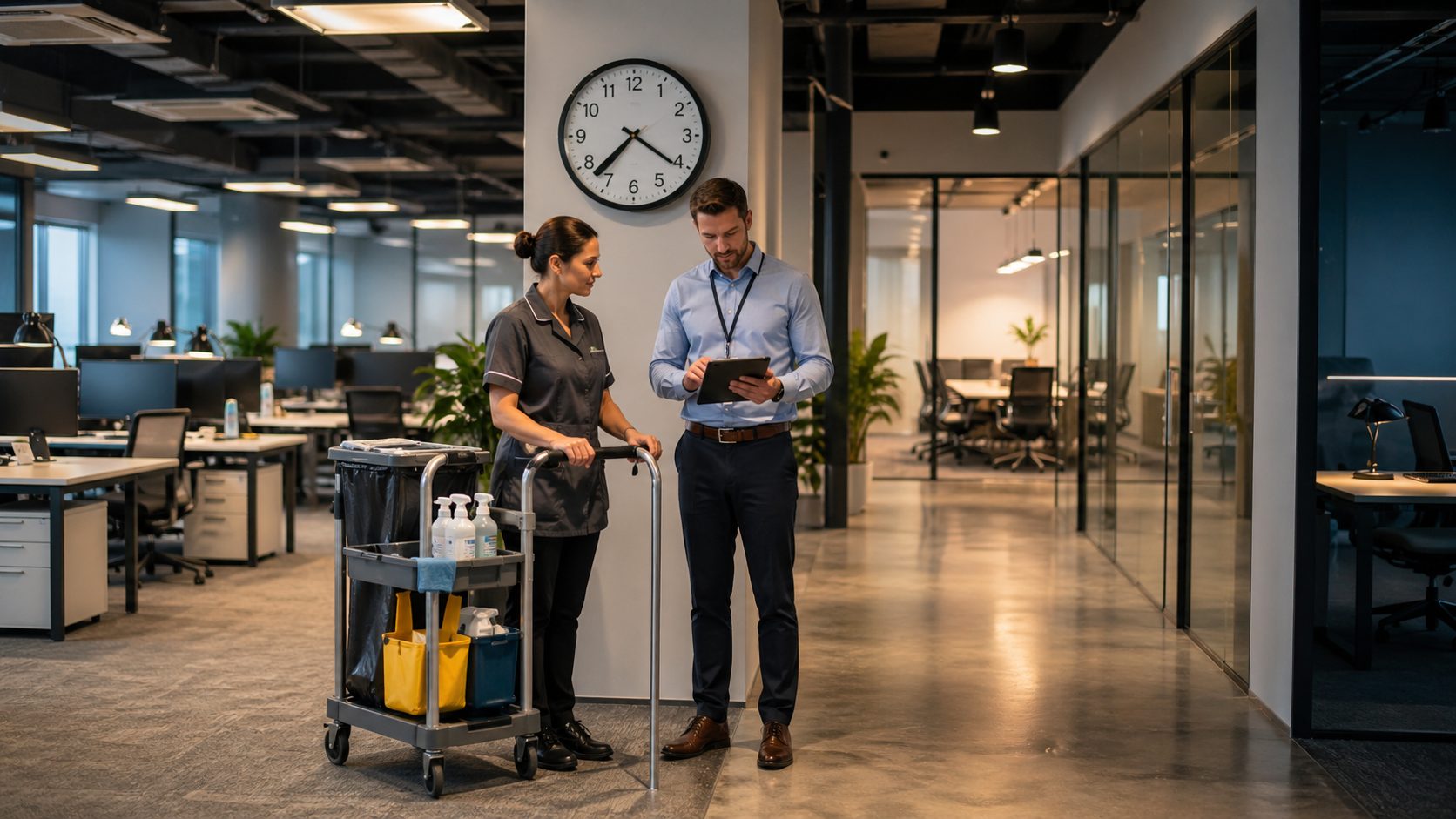 Agent de nettoyage et responsable organisant les horaires de nettoyage dans des bureaux modernes