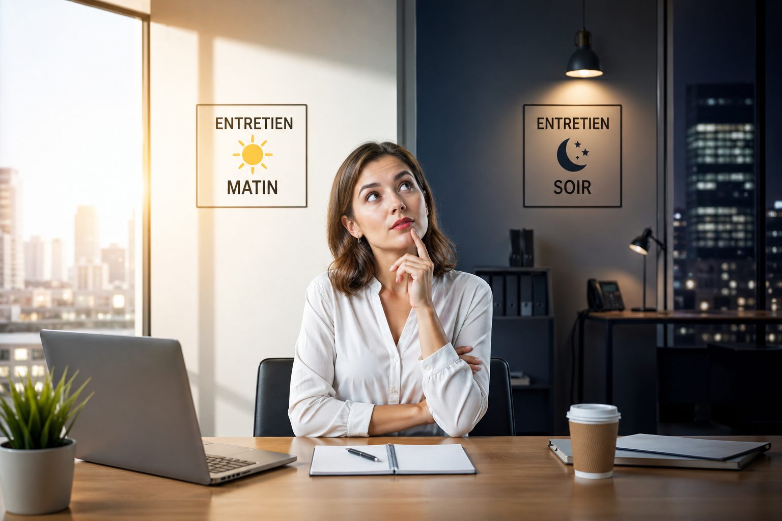 Femme dans un bureau moderne hésitant entre un entretien de bureaux le matin ou le soir