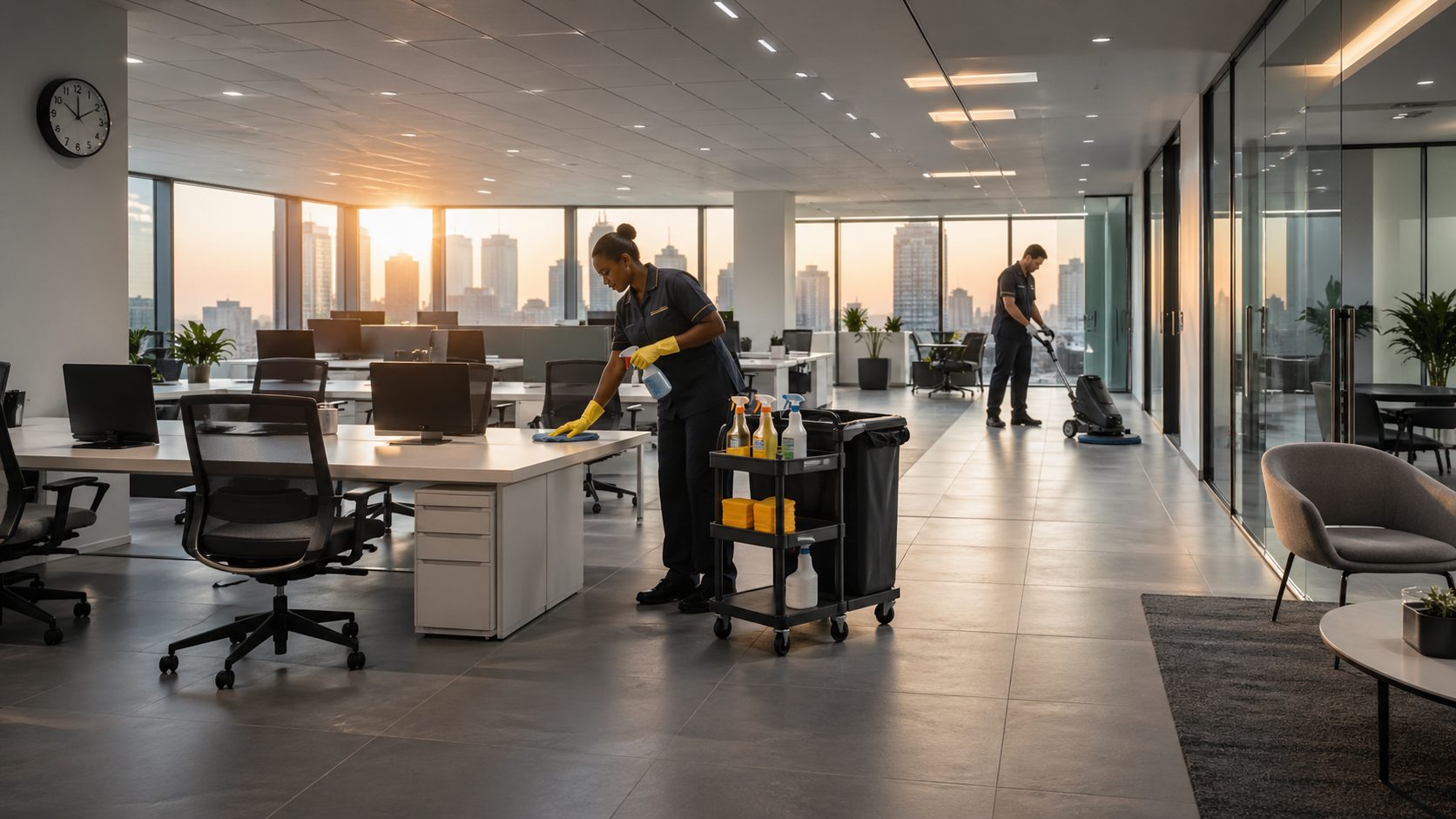 Agent d’entretien nettoyant des bureaux modernes à un créneau adapté pour maintenir la propreté des espaces de travail