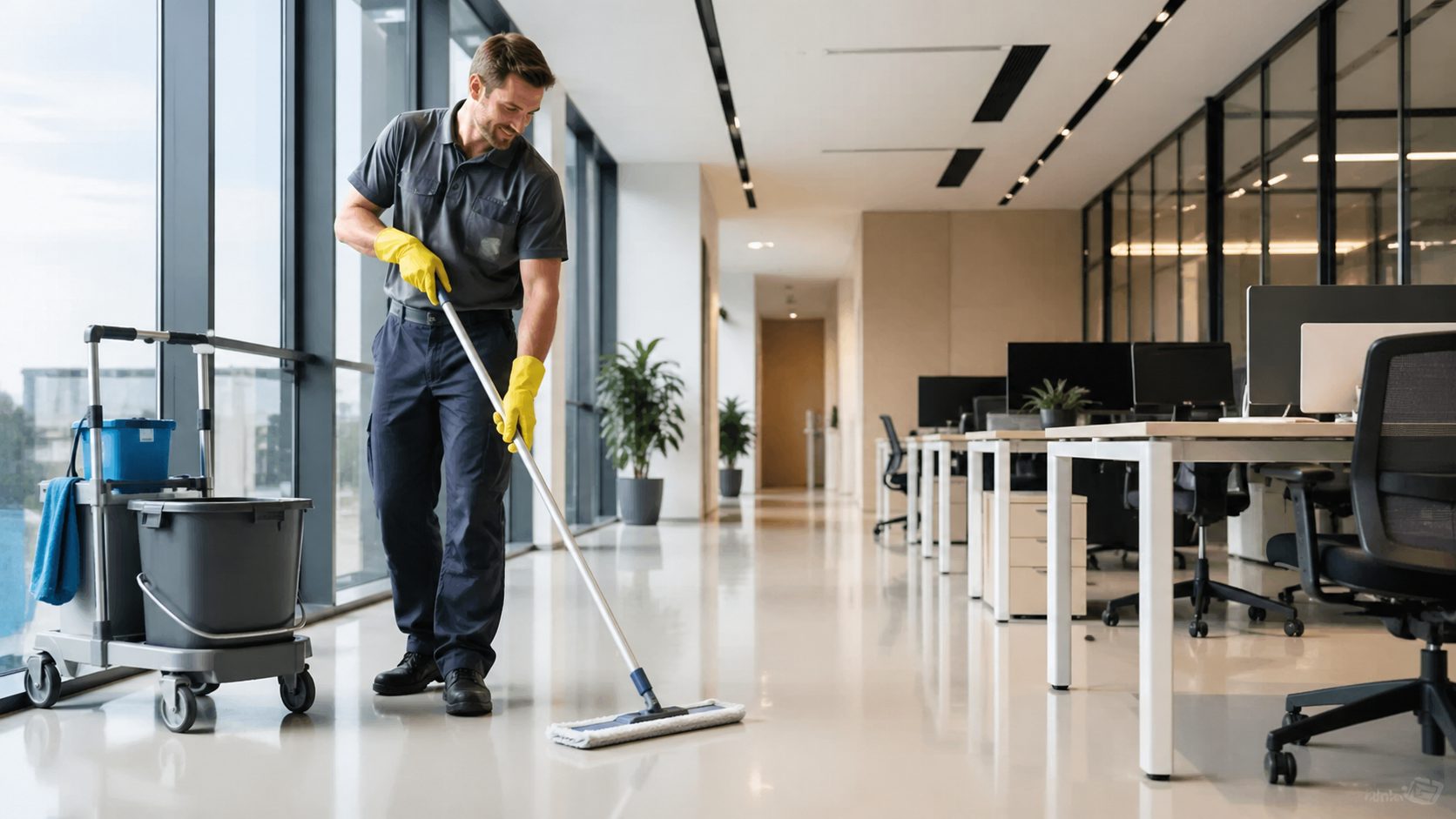 Agent d’entretien nettoyant un sol de bureau moderne sans laisser de traces