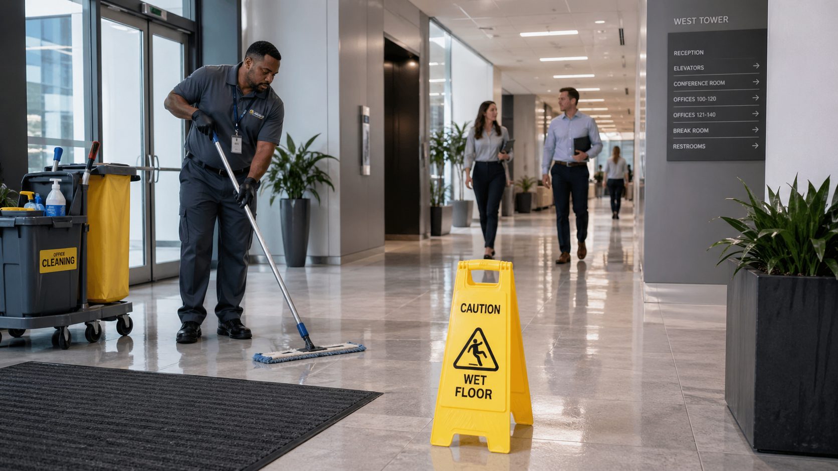 Agent d’entretien nettoyant le sol d’un bureau avec un panneau de signalisation pour prévenir les risques de glissade
