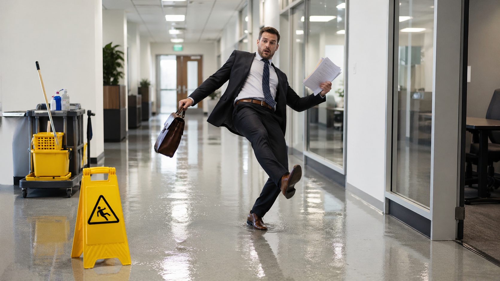 Homme glissant sur un sol de bureau encore humide après un nettoyage mal séché avec panneau de danger