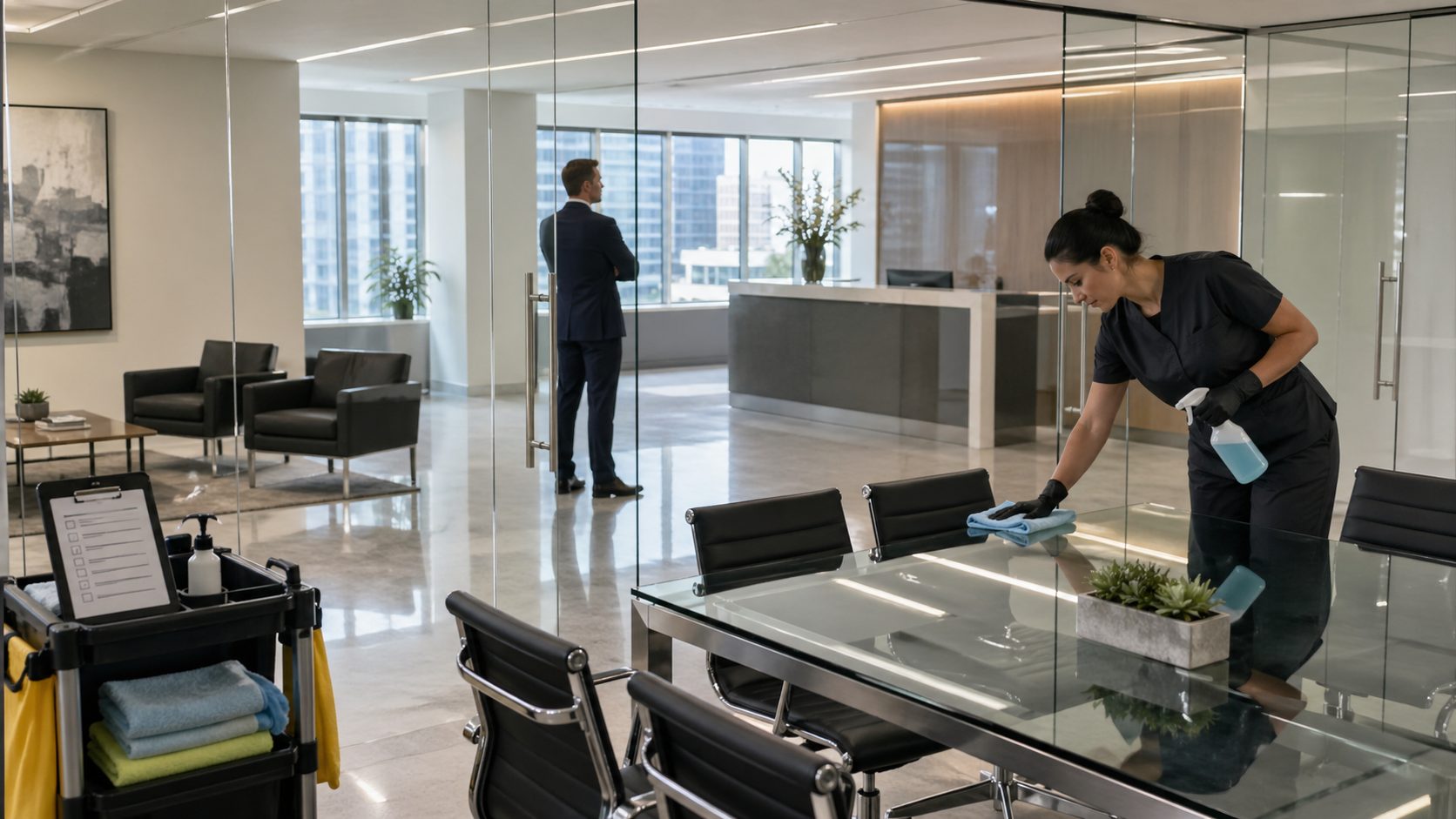 Nettoyage professionnel d’une salle de réunion moderne avant une visite d’investisseurs