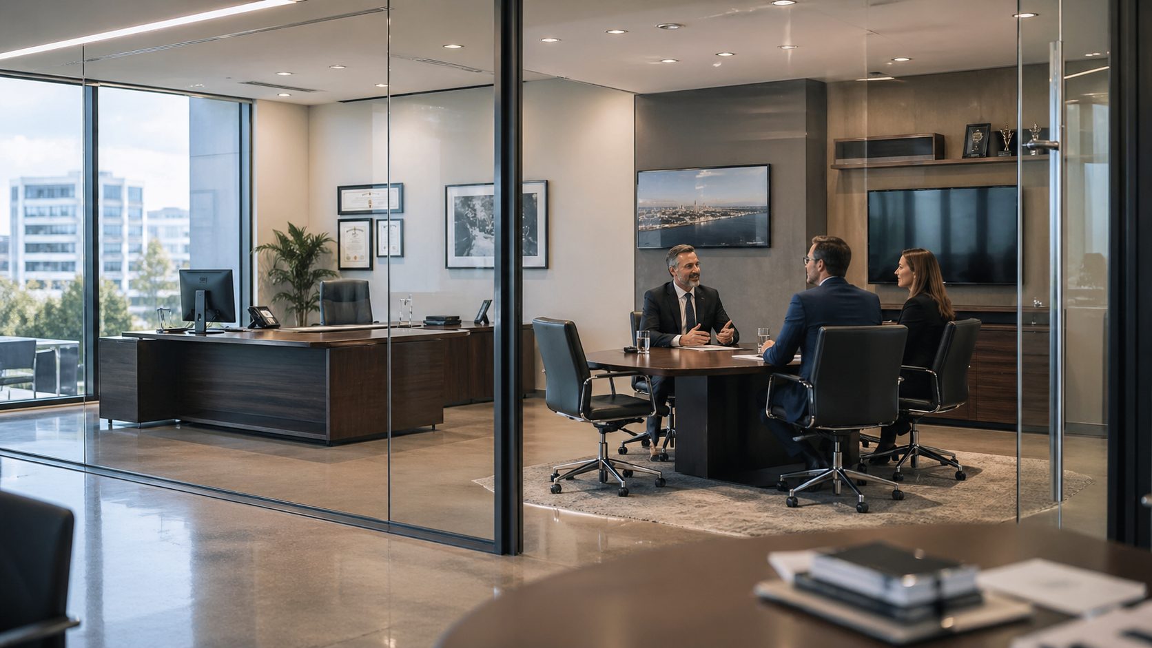 Bureaux modernes et impeccablement propres illustrant la crédibilité d’une direction auprès de clients en réunion professionnelle