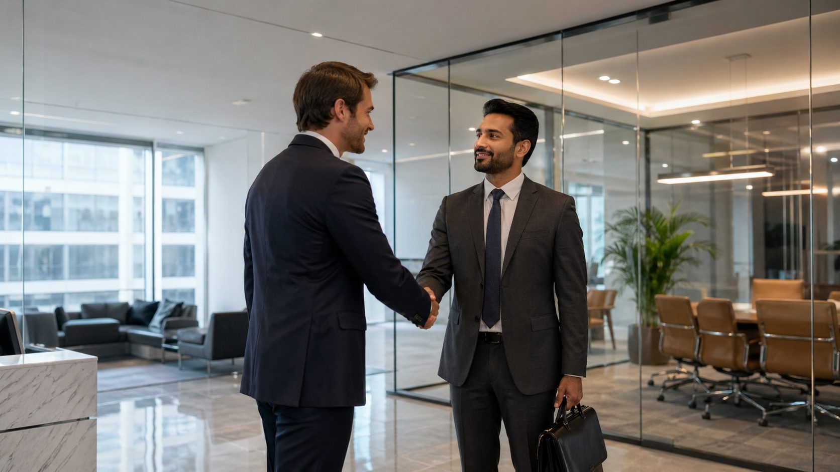 Deux professionnels se serrent la main dans des bureaux modernes, propres et soignés, illustrant l’impact de l’entretien des locaux sur l’impression d’un partenaire
