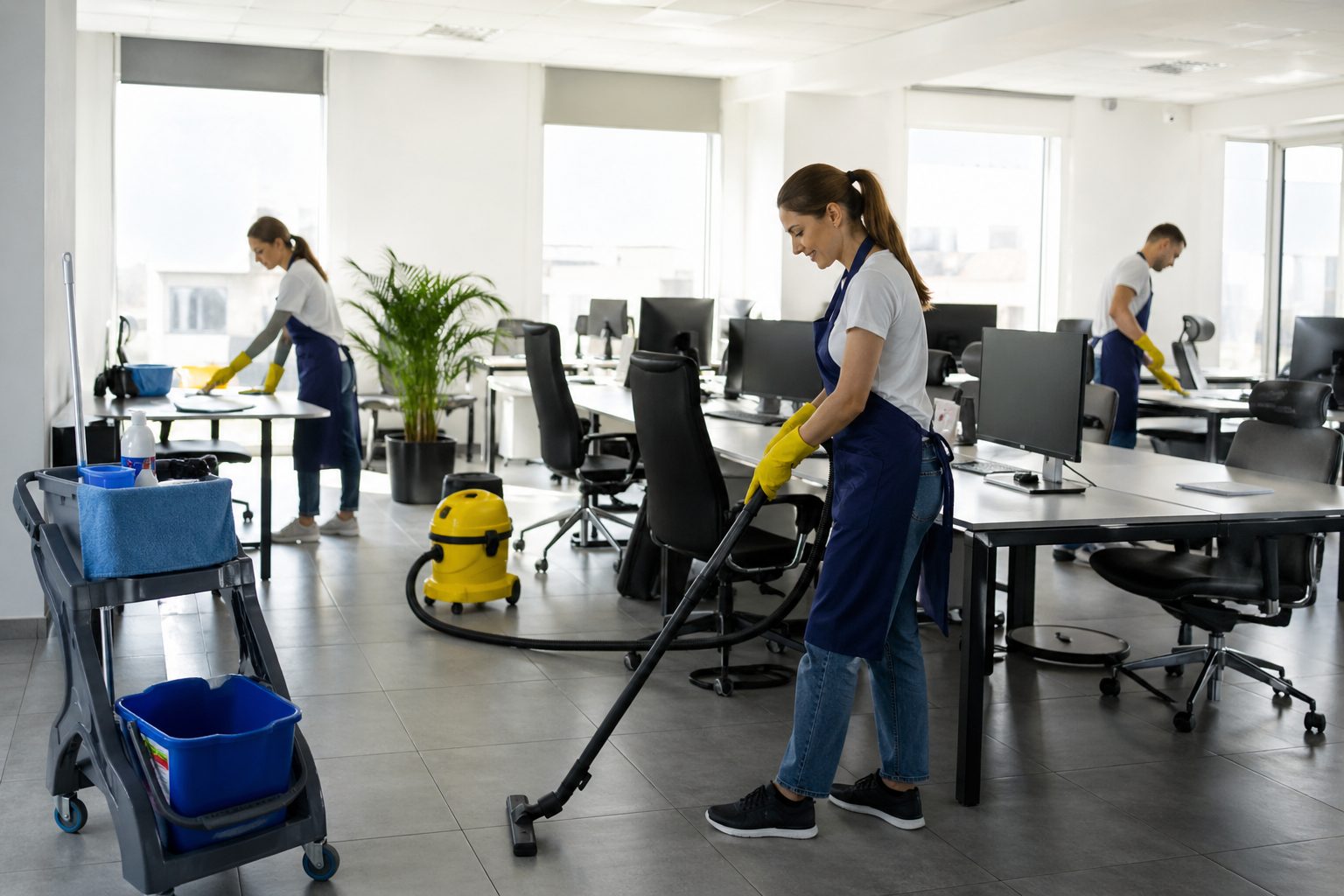 Équipe de nettoyage professionnel entretenant des bureaux modernes pour optimiser le budget de nettoyage en entreprise