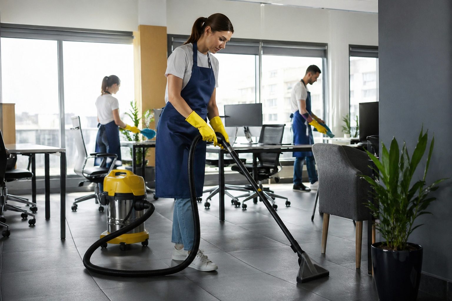 Agent d’entretien nettoyant un bureau moderne pour améliorer la qualité des locaux et mesurer le retour sur investissement du nettoyage professionnel