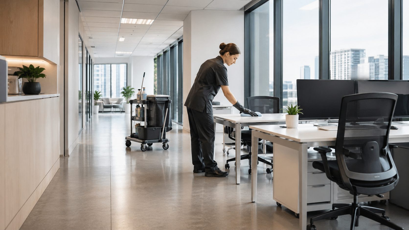 Agent d’entretien nettoyant un bureau moderne pour préserver la propreté des locaux et éviter les dépenses de remise en état