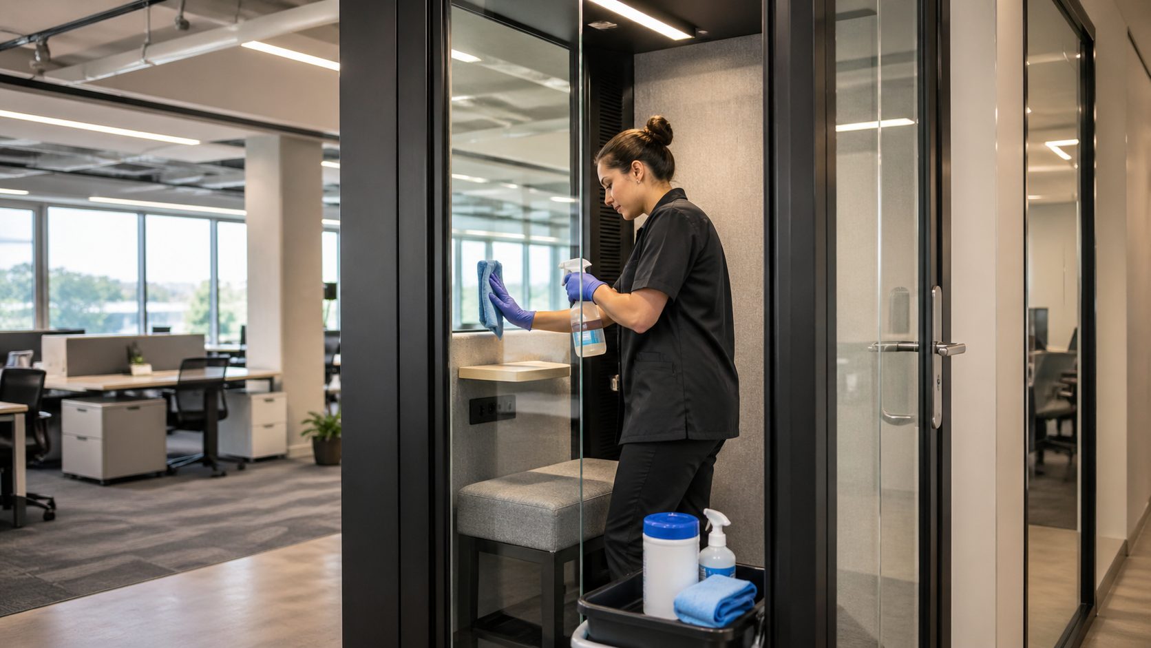 Agent de nettoyage désinfectant une cabine téléphonique vitrée dans un bureau moderne