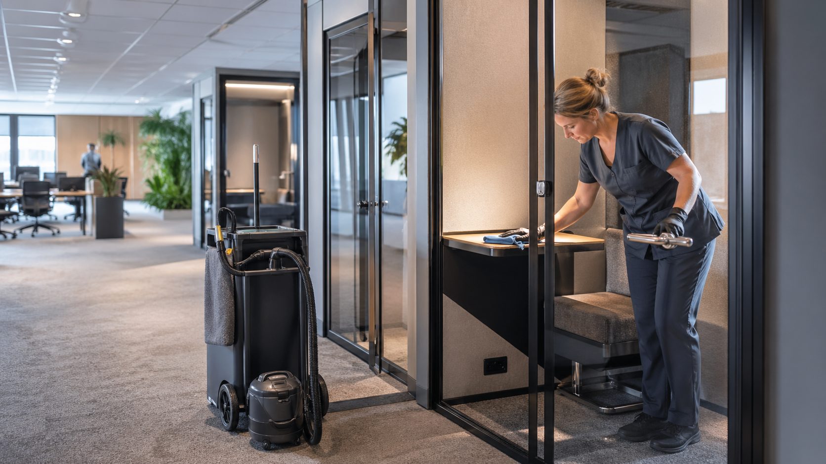 Agent d’entretien nettoyant un box de bureau fermé dans un espace professionnel moderne