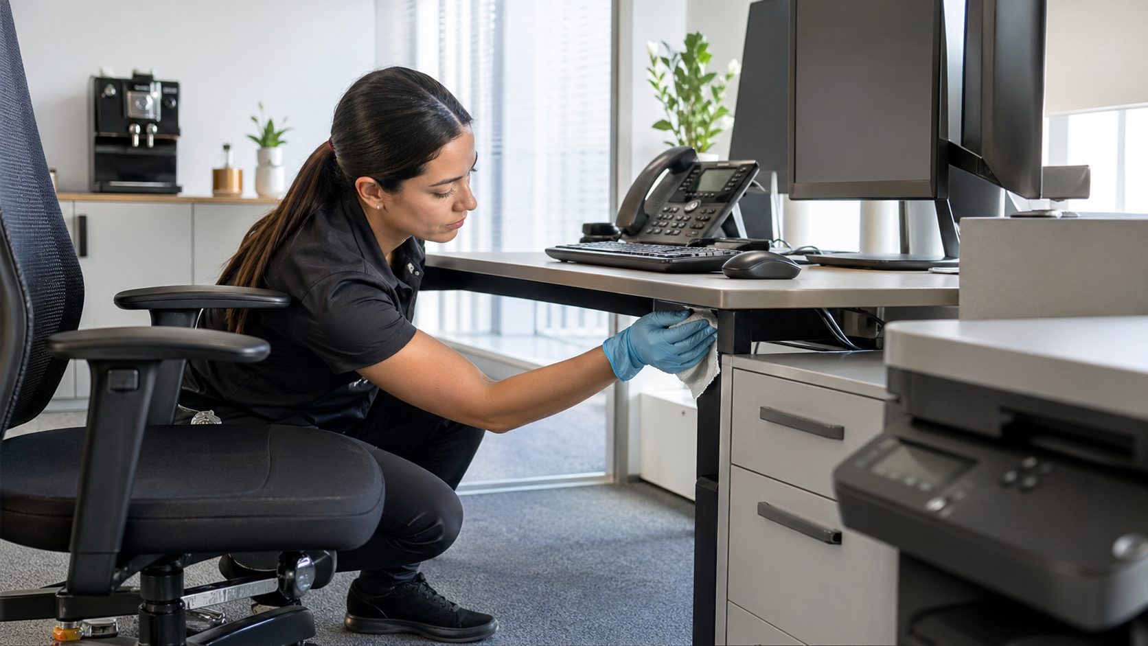 Agent de nettoyage désinfectant les zones peu visibles sous un bureau professionnel
