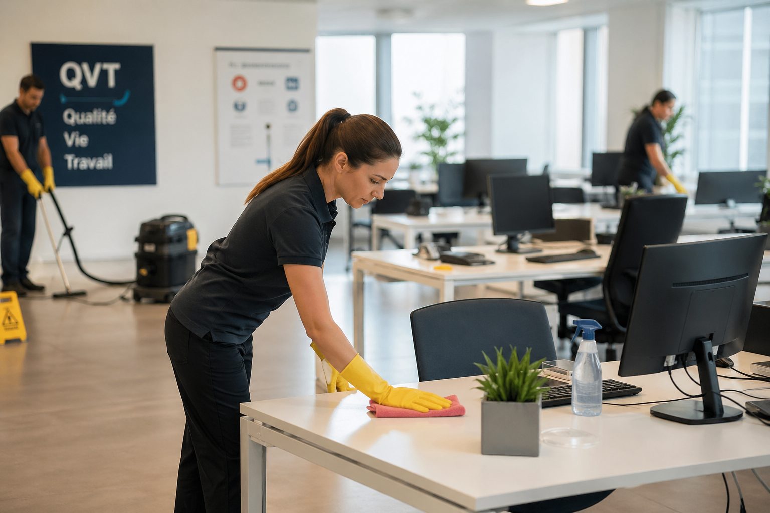 Agents de nettoyage entretenant des bureaux modernes pour améliorer l’hygiène, le confort et la qualité de vie au travail.