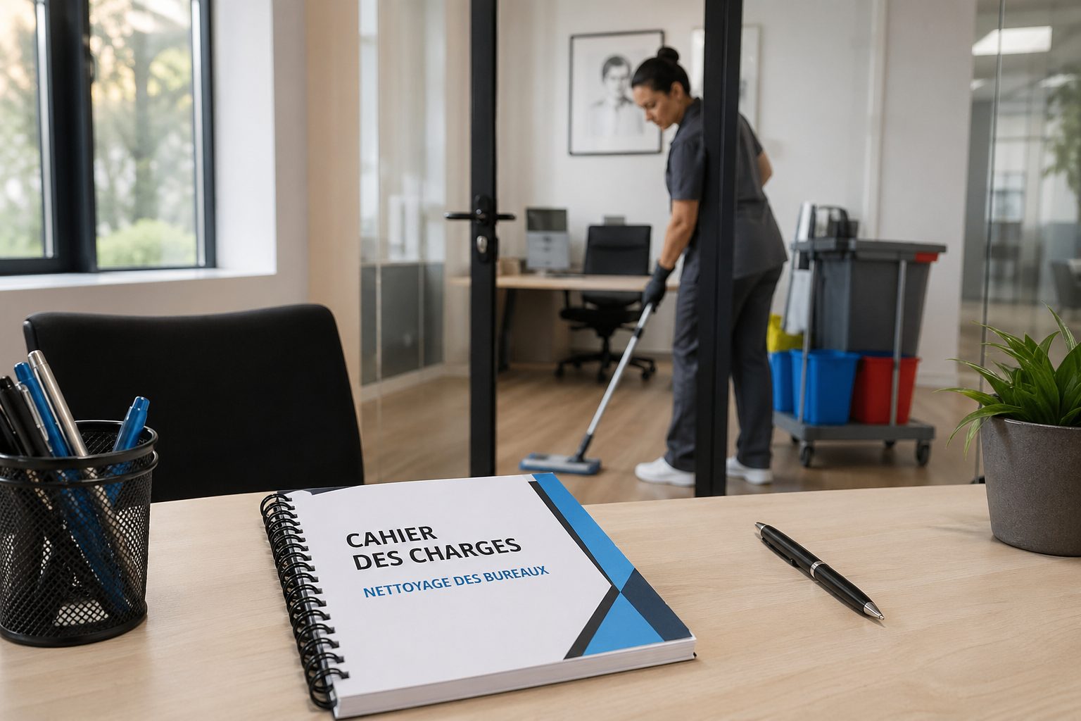 Cahier des charges de nettoyage de bureaux posé sur un bureau avec une agente d’entretien en arrière-plan
