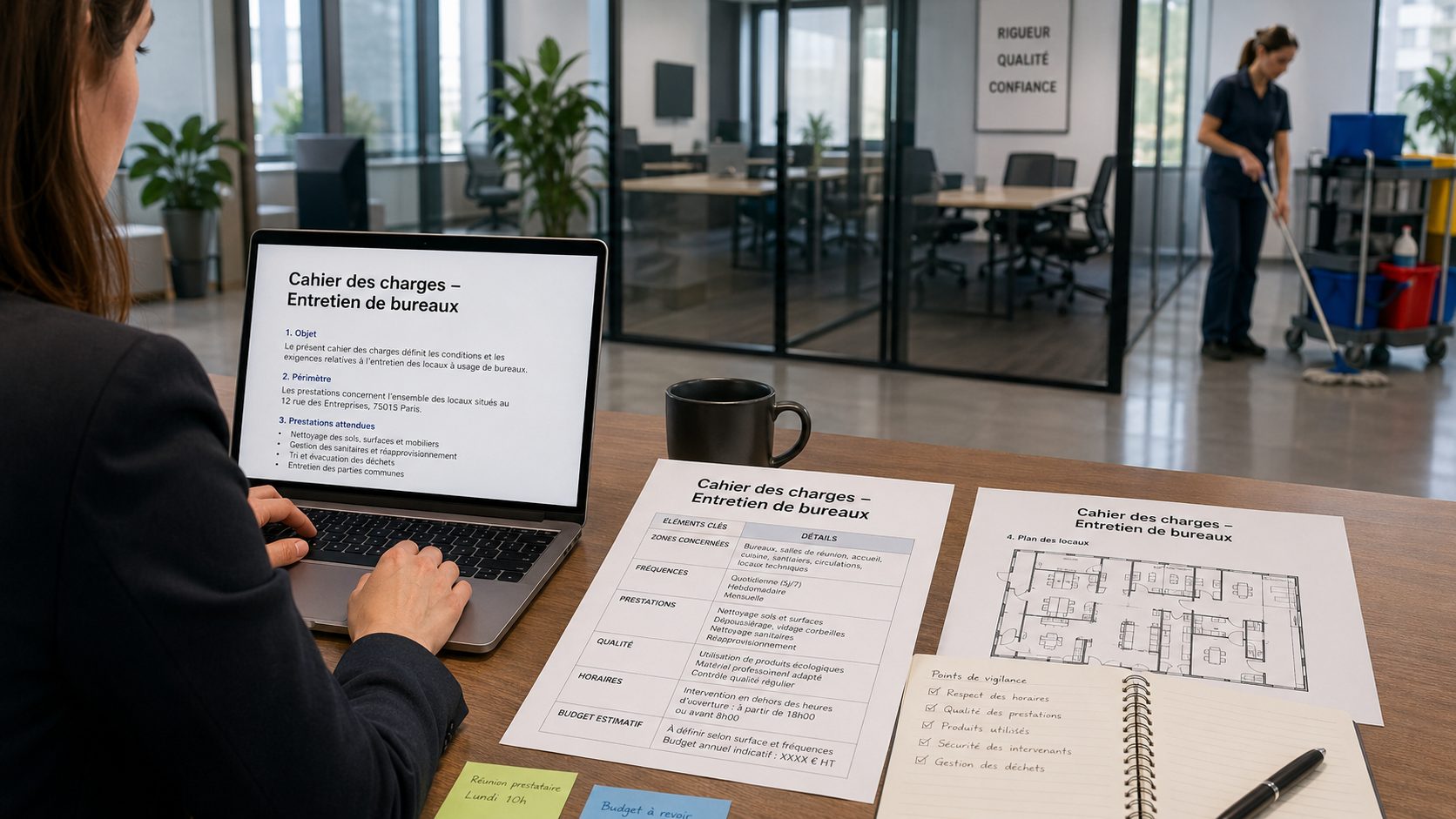 Rédaction d’un cahier des charges d’entretien de bureaux avec documents, plan des locaux et agent de nettoyage professionnel dans un bureau moderne