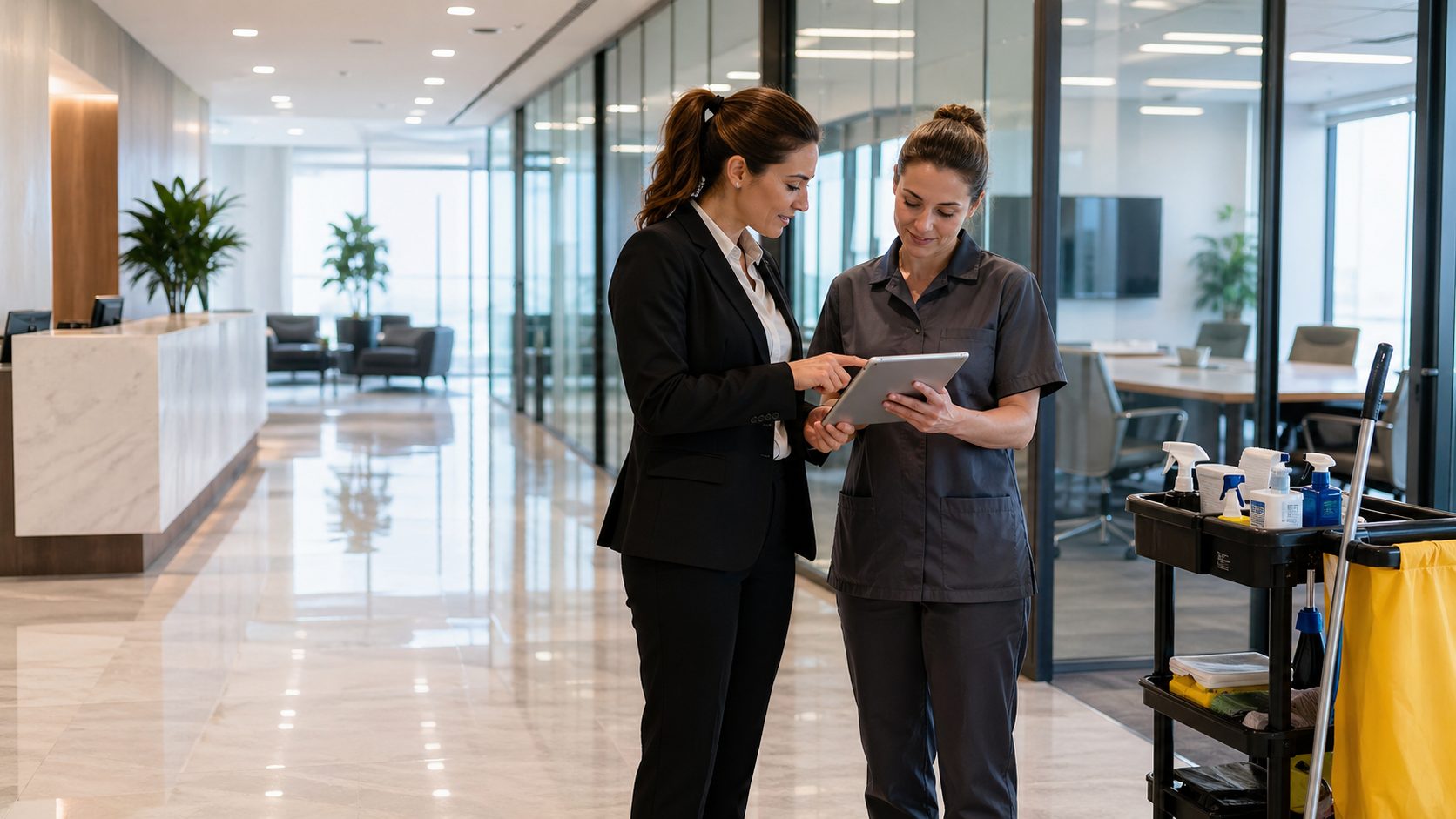 Responsable de bureau et agente de nettoyage définissant les attentes de propreté dans des bureaux professionnels modernes