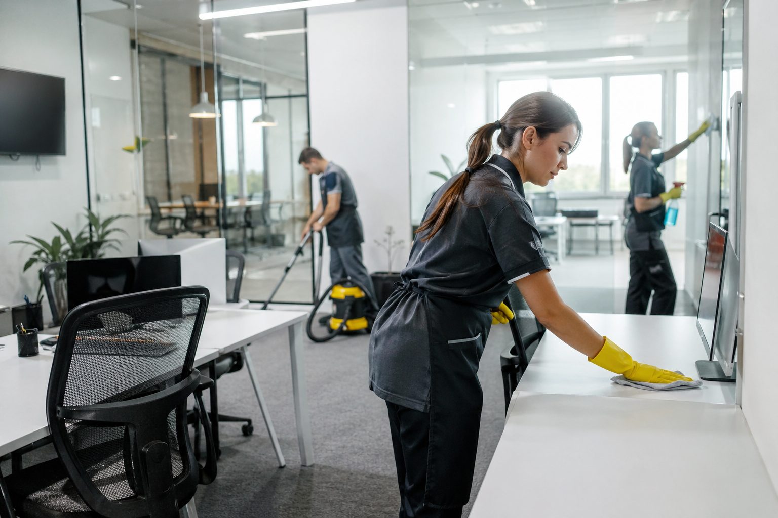 Équipe de nettoyage professionnel entretenant des bureaux modernes dans une entreprise en croissance