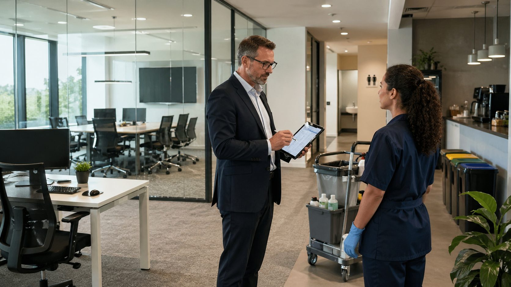 Responsable et agent d’entretien évaluant les besoins de propreté dans des bureaux modernes