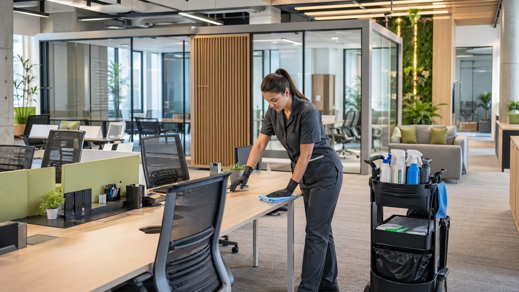 Agent d’entretien nettoyant un poste de travail dans des bureaux modernes après un réaménagement