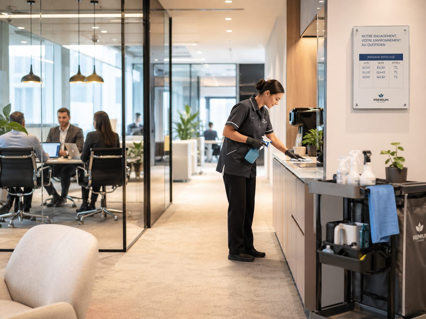Agent de nettoyage intervenant discrètement dans des bureaux modernes pendant que les collaborateurs travaillent en salle de réunion