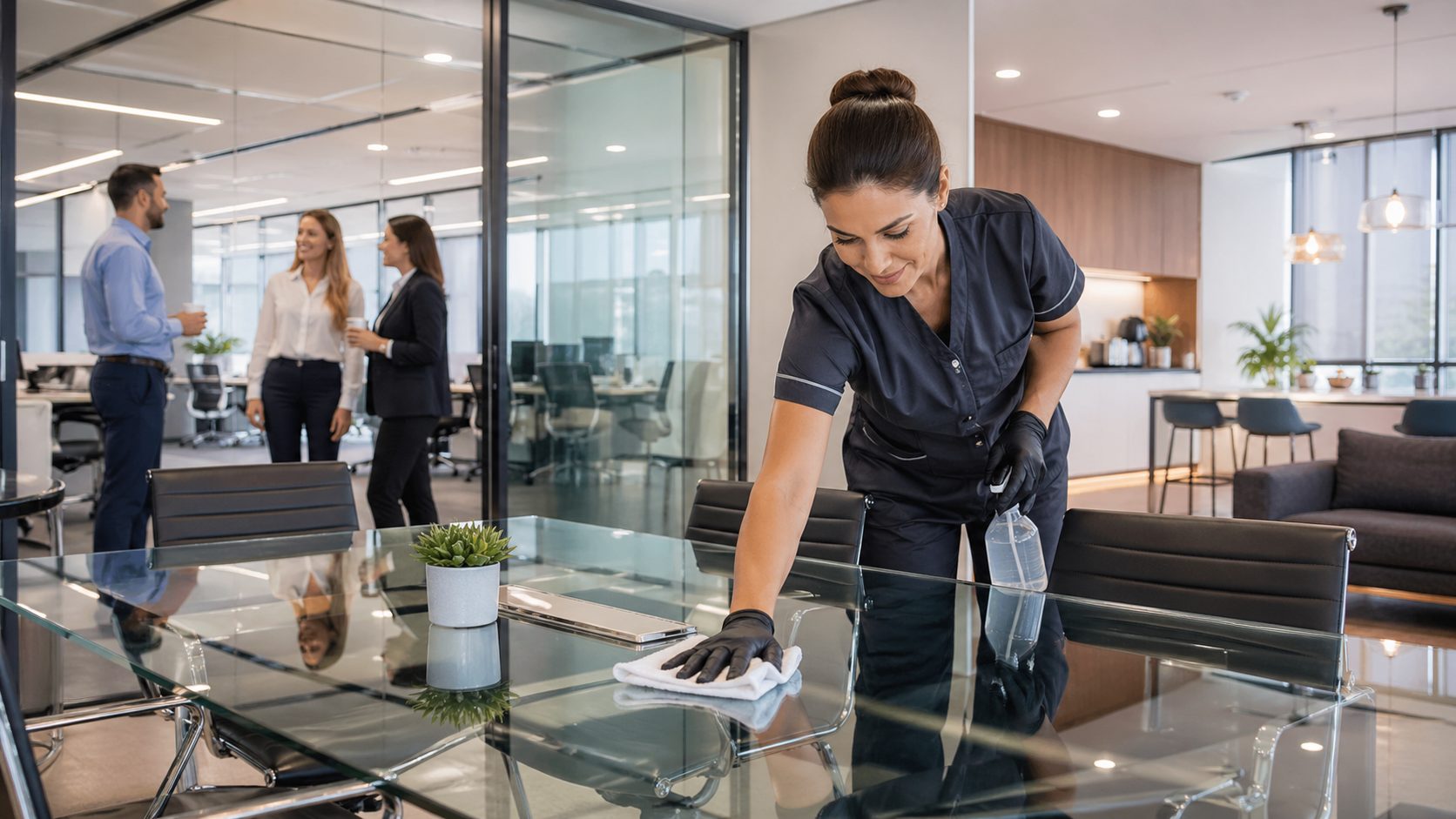 Agent d’entretien nettoyant une table vitrée dans des bureaux modernes pendant que des collaborateurs échangent en arrière-plan